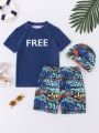 SHEIN 3pcs/Set Tween Boys' Tight-Fitting Casual Round Neck T-Shirt, Shorts, Swimming Cap And Swimsuit