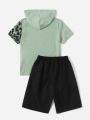 SHEIN Boys Leopard Print Hooded Tee & Letter Pattern Track Shorts