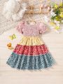SHEIN Kids QTFun Toddler Girls' Square Neckline Bubble Sleeve Color Block Floral Dress