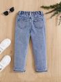 SHEIN Little Girls' Comfortable Soft High Waist Color Block Denim Pants For Casual & Fashion Style