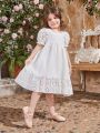 SHEIN Kids CHARMNG Young Girls' Square Collar Hollowed Out Lace Trim Bubble Sleeve Ruffled Hem Dress, Mommy And Me Matching Outfits (2 Pieces Are Sold Separately)