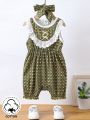 Baby Girl's Printed Patchwork Hollow Out Embroidered Romper With Headband, For Spring & Summer