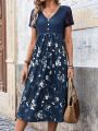 Ladies' V-Neck Button Front Lace Sleeve And Hem Floral Patchwork Pleated A-Line Dress