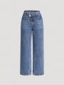 SHEIN Teen Girls' Asymmetrical Waist Pocket Denim Pants