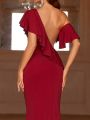SHEIN Belle Asymmetrical Neckline Color Clash Sheer Panel Hollow Out Lace & Ruffle Decorated High Slit Hem Evening Party Dress