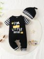Infant Boys' Cute Striped Letter Printed Short Sleeve Jumpsuit With Hat, For Spring/Summer