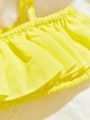 Newborn Baby Girl 3pcs/Set, Spring/Summer Yellow Halter Mesh Skirt With Ruffle Hem, Headband, For Photography Shoot, Elegant And Beautiful