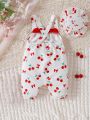 Baby Girl Casual Cherry Print Romper With Cap, Perfect For Outdoor Travel