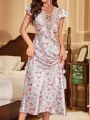 Floral Print Lace Up Front Ruffle Trim Satin Nightdress