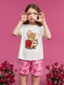 TOM & JERRY X SHEIN Tween Girl Cartoon Graphic T-Shirt & Heart & Letter Print Shorts Pajama