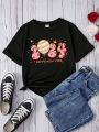 Teen Girls' Casual Cartoon 2024 Pattern Short Sleeve T-Shirt, Suitable For Summer