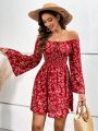 SHEIN VCAY Vacation Style Off-shoulder Dress With Small Floral Print