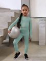 SHEIN Little Girls' Hollow Out Back Crew Neck Drop Shoulder Sleeve T-Shirt And Sweatpants Sports 2pcs Outfit