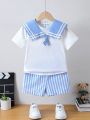 SHEIN Kids EVRYDAY Little Boys' Color Block Navy Collar Top And Stripe Shorts