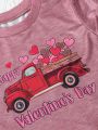 SHEIN Kids HYPEME Young Girl Cartoon Car & Letter & Heart Printed Short Sleeve Pullover T-Shirt With Round Neckline
