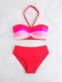 Teen Girl Color Block Halter Neck Bikini Set