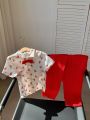 SHEIN Kids QTFun 2pcs Young Boys' Casual & Comfortable & Stylish & Simple & Versatile Red Dinosaur Printed Shirt And Overalls, Perfect For Valentine's Day, Spring And Summer