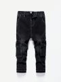 SHEIN Toddler Boys'  Washed Skinny Black Denim Jeans With Cargo Pocket ,For Spring And Summer Toddler Boy Outfits