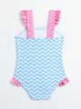 Infant Girls' Checkered Cartoon Patchwork Polka Dot Printed One-Piece Swimsuit For Beach