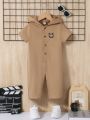 SHEIN Baby Boy's Casual Jumpsuit With Smiling Face Print, Short Sleeve With Hood And Long Pants