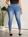 SHEIN LUNE Plus Size Women's Distressed Skinny Fit Jeans