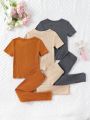 SHEIN Kids Nujoom Three Sets Of Simple Solid-Color Trousers And Short-Sleeved Home Clothes For Boys