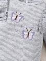 Baby Girl Butterfly Embroidery Ruffle Trim Footed PJ Set & Hat