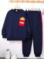 SHEIN Boys' Loose Fit Casual French Fries Print Hoodie And Sweatpants Set