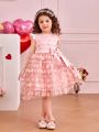 SHEIN Kids CHARMNG Girls' Mesh Applique Round Neck Flying Sleeve Dress With Bow Decor