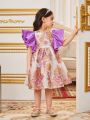 SHEIN Kids Nujoom Young Girls' Slim Fit Cute Flying Sleeve Back Bowknot Floral Jacquard Dress