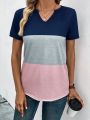 SHEIN LUNE Women's Notch Neckline Small V-neck Colorblock Patchwork T-shirt