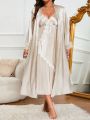 Plus Size Women's Long Mesh Exquisite Lace Two-Piece Sleepwear Set