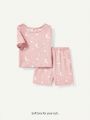 Cozy Cub Baby Girl Moon And Stars Pattern Short Sleeve Round Neck Top With Casual Shorts Home Wear Set