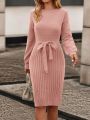 Solid Color Belted Sweater Dress