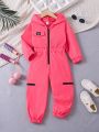 Young Girl Letter Patched Detail Zipper Hooded Jumpsuit
