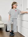 SHEIN Kids SUNSHNE Young Girls' Knitted Loose Fit Striped Top And Wide Leg Pants Casual Two-Piece Set
