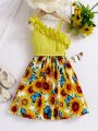 SHEIN Kids EVRYDAY Little Girls' Irregular Neck Sunflower & Butterfly Printed Sleeveless Dress With Frill Trim