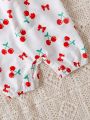 Baby Girl Casual Cherry Print Romper With Cap, Perfect For Outdoor Travel