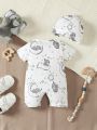 SHEIN Newborn Baby Boys' Casual Cute Cartoon Elephant Pattern Round Neck Short Sleeve Romper With Shoulder Snaps, Shorts And Hat
