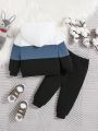 SHEIN Baby Boy Letter Graphic Colorblock Hooded Jacket & Sweatpants