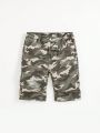 SHEIN Tween Boys' Irregular Ripped Camouflage Denim Shorts, Slim Fit, Mid Waist, Casual