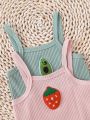 2pcs/Set Basic Camisole With Embroidered Fruits (Strawberry & Avocado) Baby Rompers