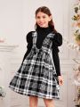 SHEIN Tween Girls' Knit Solid Color High Neck Leg-Of-Mutton Sleeve Sweater With Plaid 2 In 1 Dress