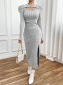 SHEIN Privé Women's Ribbed Knotted Waist Hollow Out Front Slit Maxi Dress