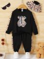 SHEIN Kids QTFun Young Boy Bear Print Contrast Side Seam Sweatshirt & Sweatpants & Hat