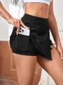 SHEIN Daily&Casual Solid Color Asymmetrical Hem Wrapped Mini Skort For Sports