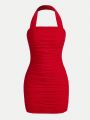 SHEIN Teen Girls' Knitted Solid Color Mesh Ruffled Halterneck Bodycon Casual Dress