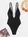 SHEIN Swim BAE Solid Color Fluffy Ball Embellished One-Piece Swimsuit