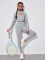 Tween Girl Sporty Leisure Knitted Long Sleeve Top For Fitness, Running, Cycling, Grey