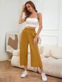 SHEIN LUNE Solid Shirred Waist Cropped Wide Leg Pants